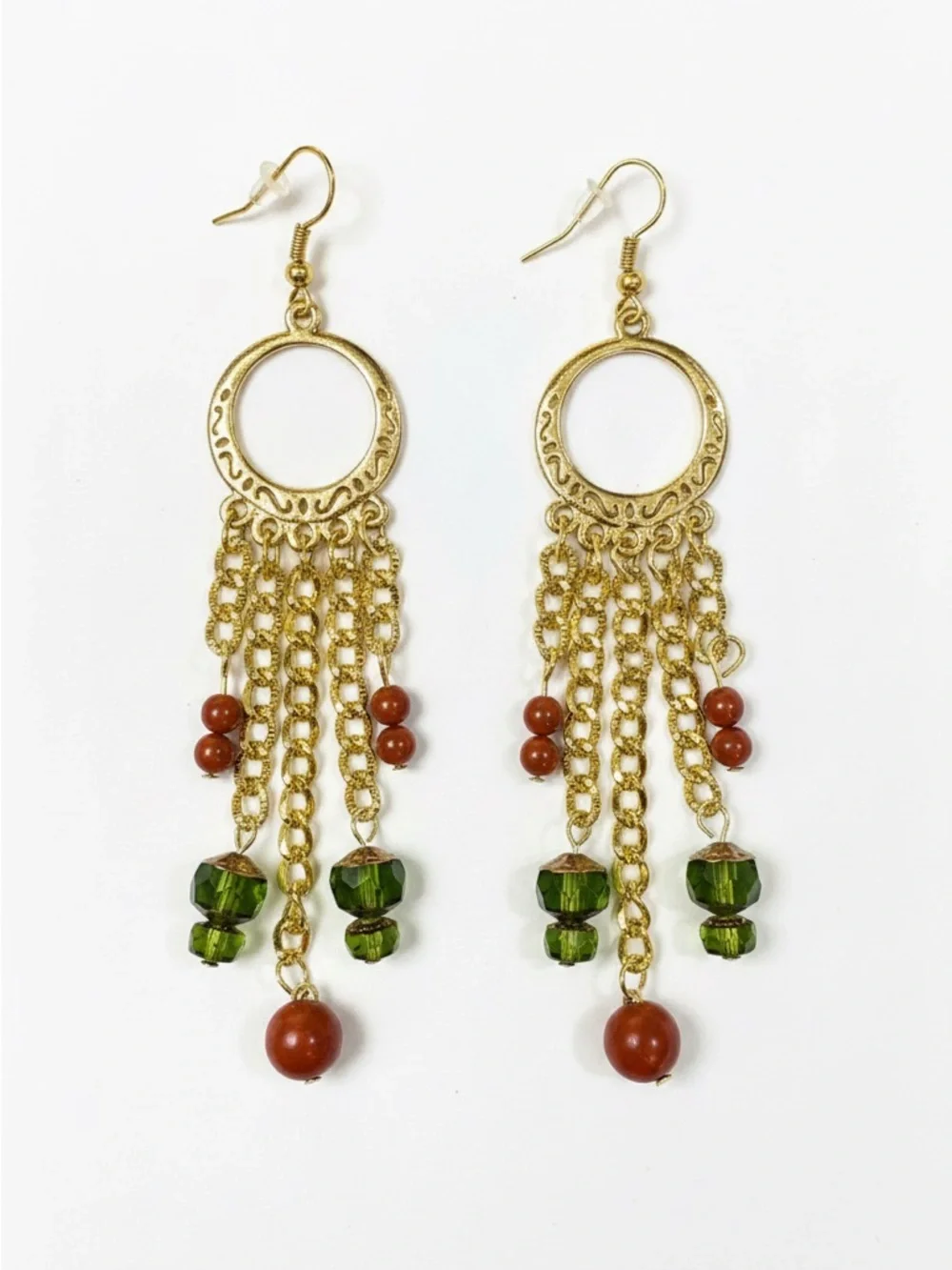 Gold-Tone Green and Brown Beaded Fringe Earrings - Picture 1 of 3